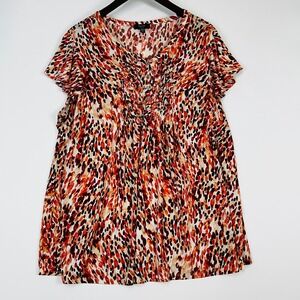 Cocomo Short Sleeve Top 2X Stretchy Orange Smocked‎ Blouse Thumbprint Office